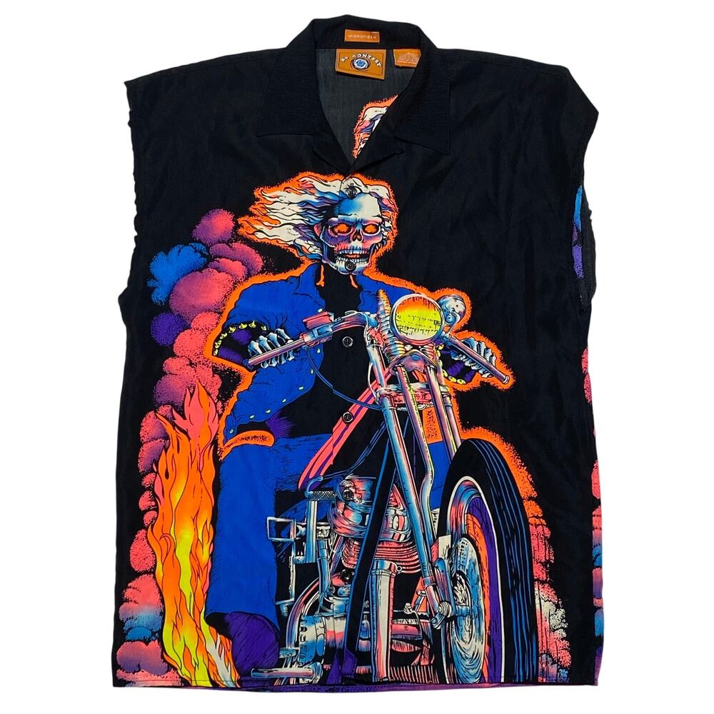 Vintage No Contest Skeleton Motorcycle Biker Button Up Shirt Mens Small 14-14.5